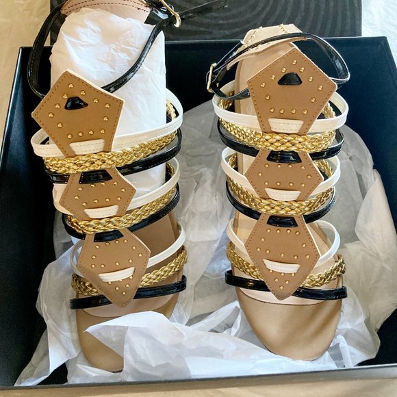 Just Cavalli women's 39 EU gold braided strappy buckle chunky heel sandals - Picture 2 of 7